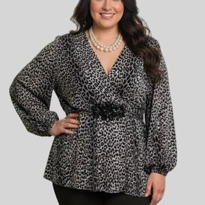 TAPE MEASURE Black and White Cheetah Print Beaded Accent Blouse 1X